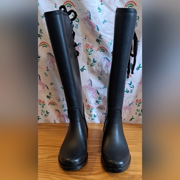 Coach Tristee Matte Black Tall Rubber Corset Lace Up Casual Prep Boot Shoe SZ 6B - Picture 2 of 11